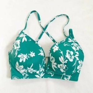 Shade & Shore Bikini Top Teal Floral Plunge Front Lightly Lined Straps